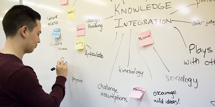 Knowledge Integration student writing a mind map on a whiteboard with sticky notes