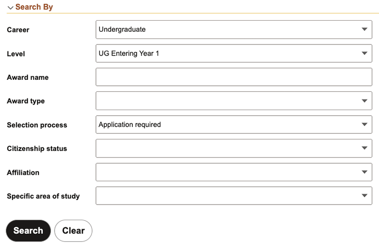 Dropdown menus indicating to choose Undergraduate and UG Entering Year 1 as the first two options on the form