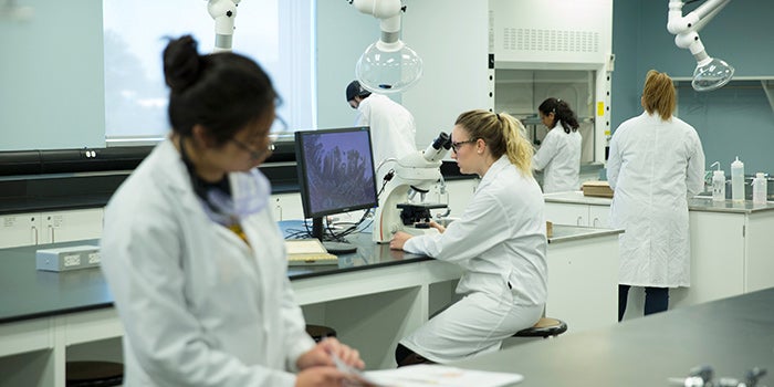 Students working in a lab with lab coats on