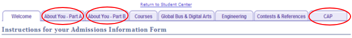 Admissions information form tabs with 'About You - Part A', 'About You - Part B' and 'CAP' circled.