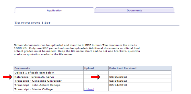 Screencapture of documents list, with arrows pointing out the reference row and corresponding date last received.