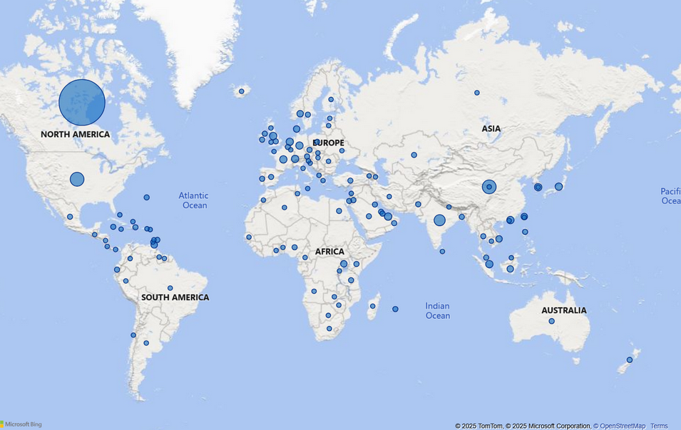 A map with circles of varying sizes depicting co-op employment frequency across the world