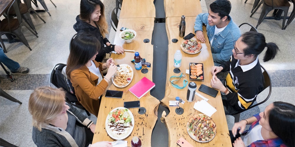 Group of students having lunch on campus.