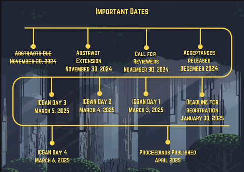 The timeline that features importand dates: Abstract extension on Nov 30, 2024. Call for reviewers on Nov 30, 2024. Acceptance released on Dec 2024. Deadline for registration on Jan 30, 2025. ICGAN days 1-4 from March 3 to March 6, 2025. Proceedings published April 2025.