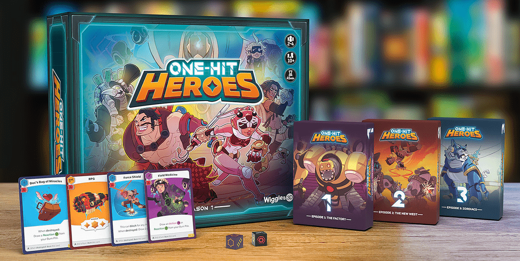 One-Hit Heroes boardgame box and materials on table