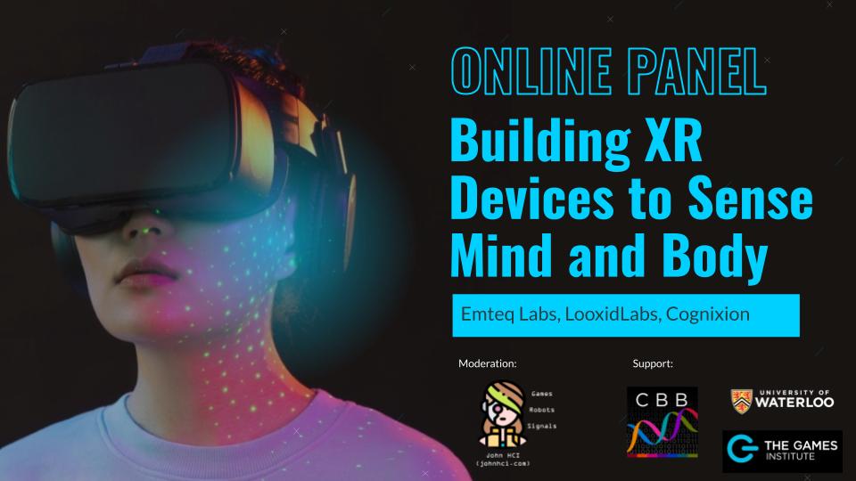 left side of image: image of person's head with VR headset on eyes; righte side of image: event title: Building XR Devices to Sense Mind and Body