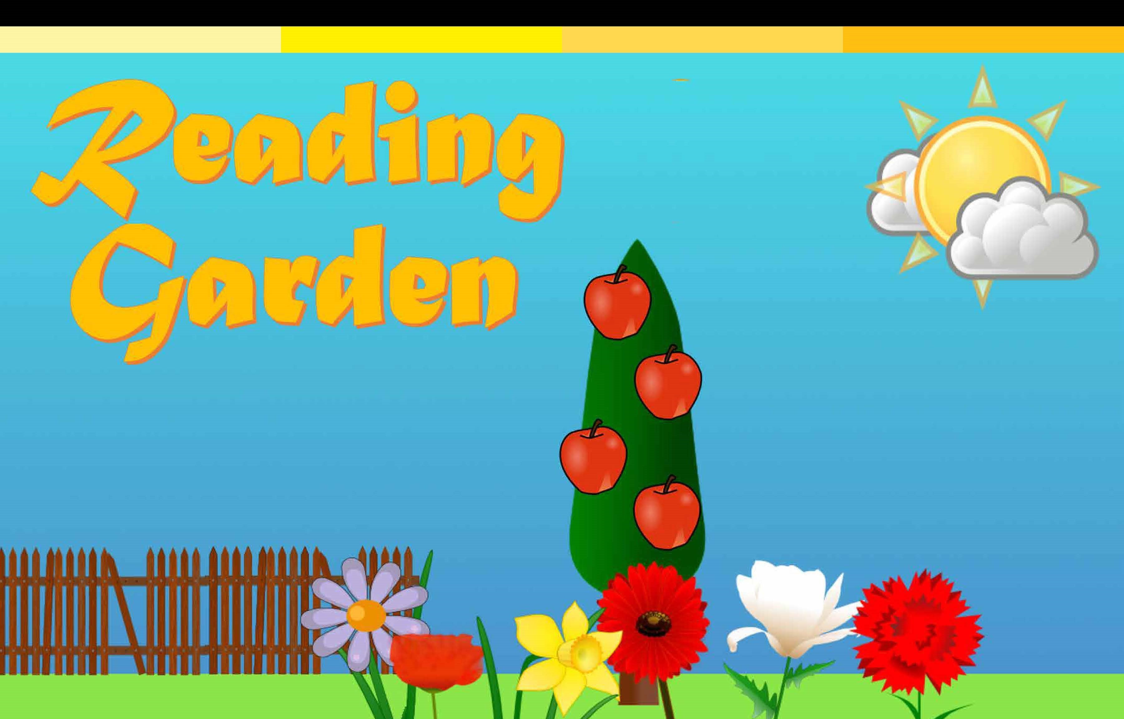 Reading Garden poster title with 2D graphics of apple tree and flowers on a field