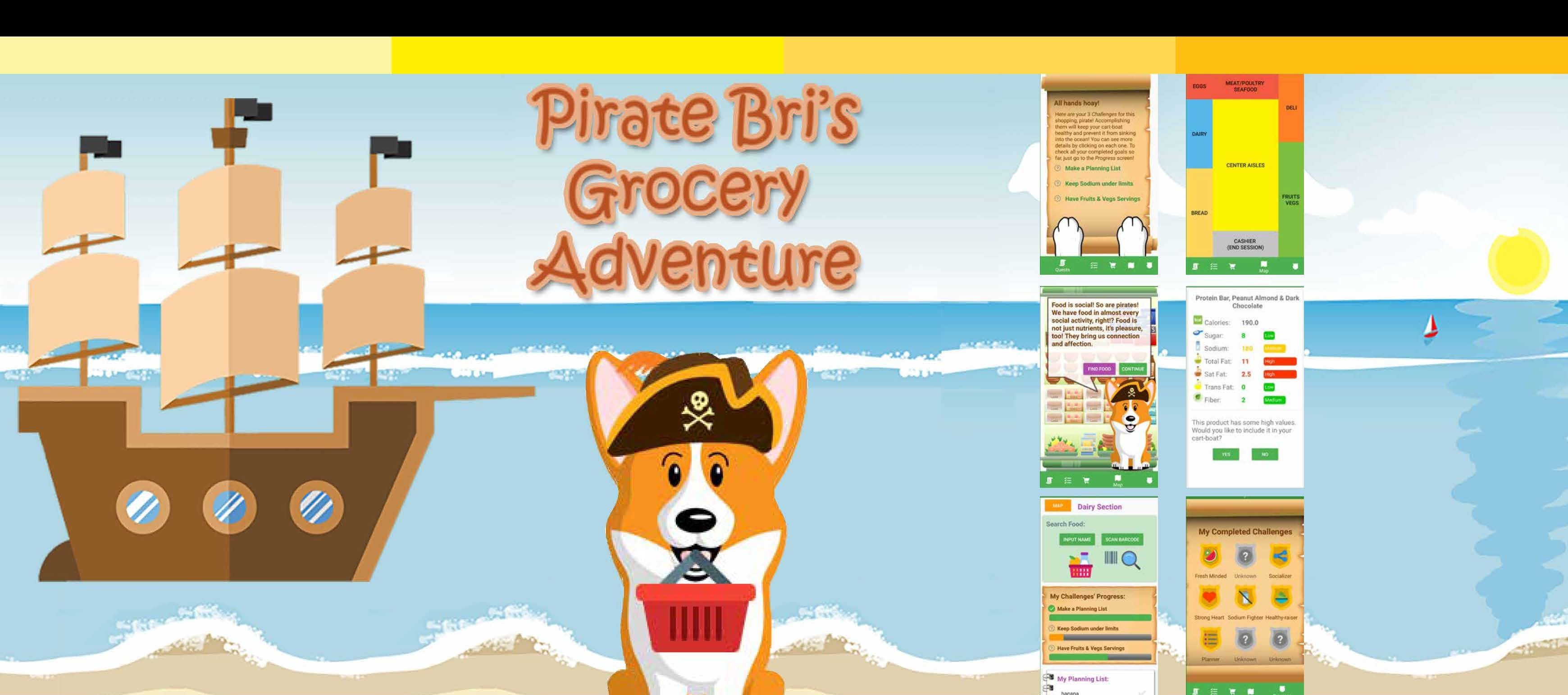 Pirate Bri's Grocery Adventure poster title; pirate corgi on beach with ship and game demo in the background