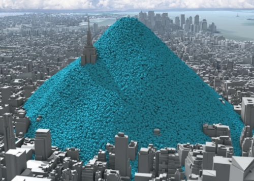 balls piled in a city to represent data from tweets