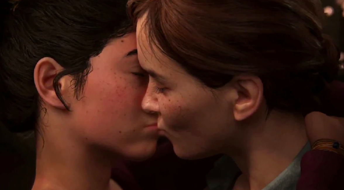 Two girls kissing in a video game 