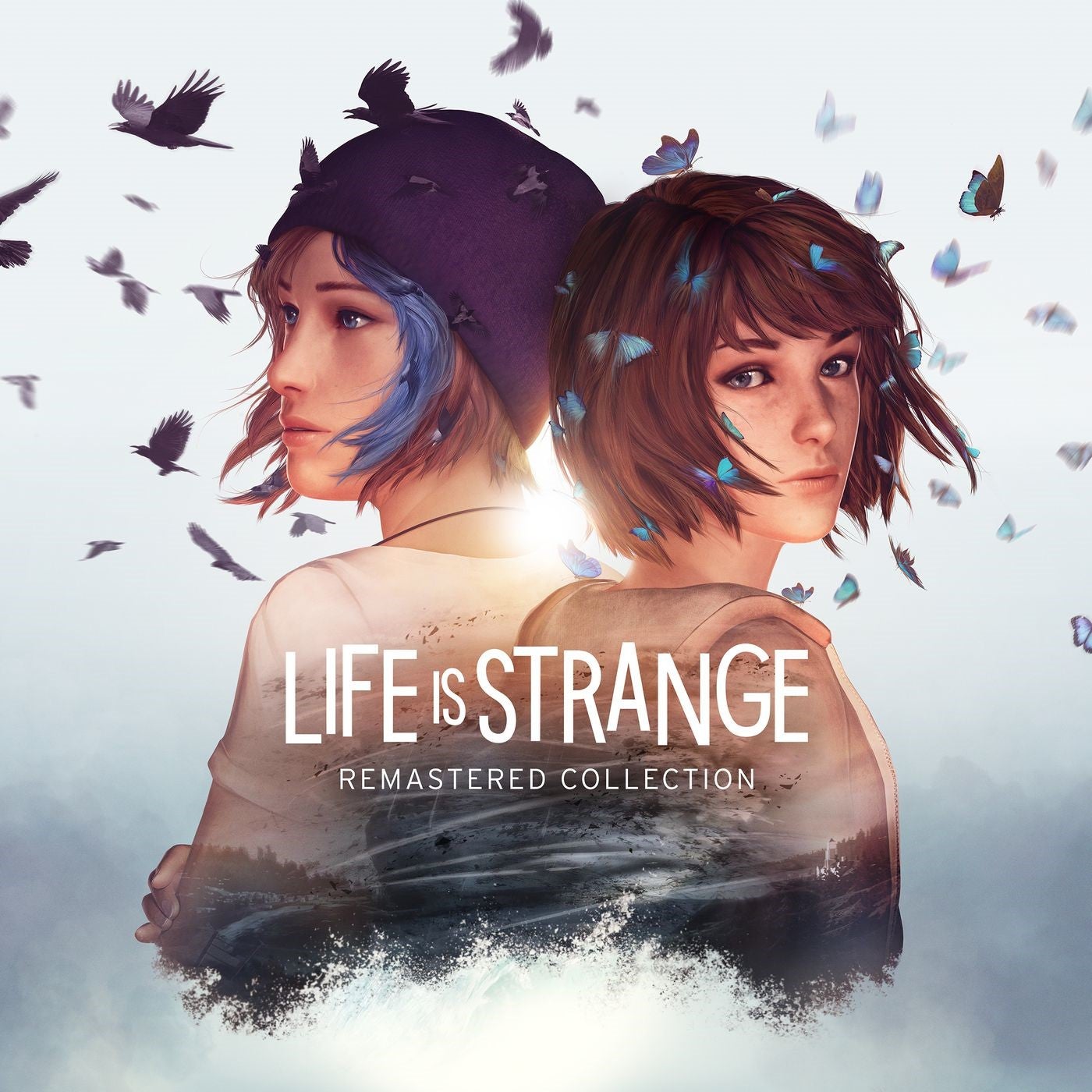 Drawing of upper body of two girls back to back with crows flying around their heads with text Life is Strange: Remastered Collection