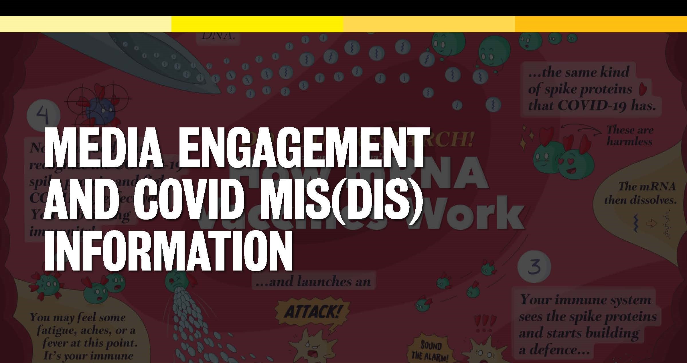 Media Engagement and Covid Mis(Dis) Information poster title with scattered text boxes