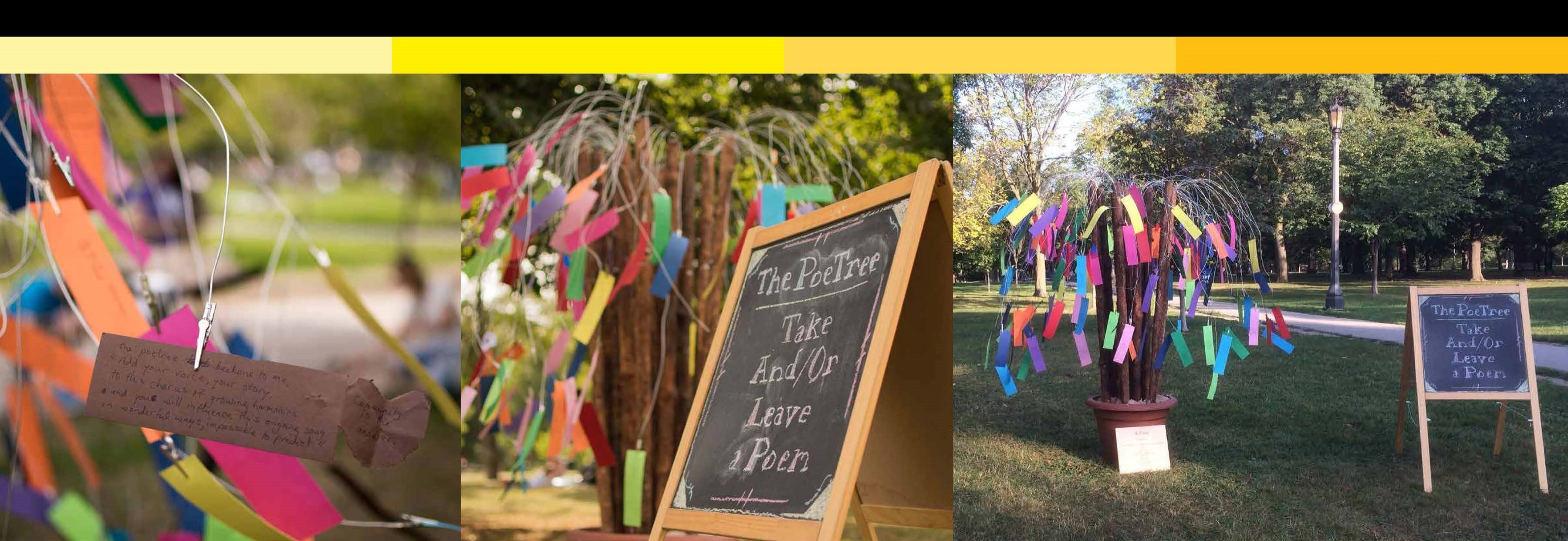 The Poetree poster image of paper tree and chalkboard in a park