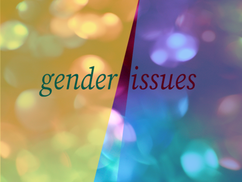 blue, yellow and purple sparkly background with text " Gender Issues"
