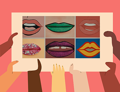 multiple hands holding up a card with multiple mouths (in a grid) speaking on the card