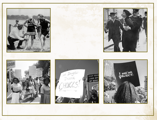 a scrapbook page with photos of women involved in legal actions ( arrests, enforcement, protests)