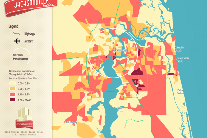 Residential location of young adults in Jacksonville.