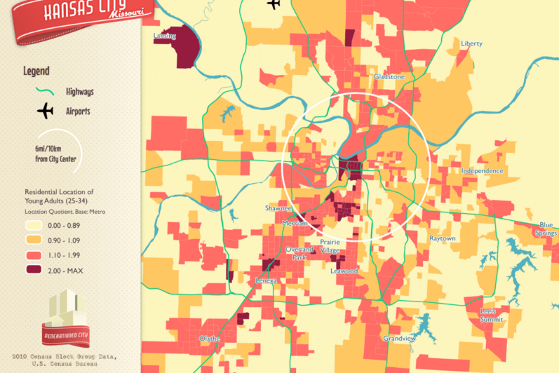 Residential location of young adults in Kansas City.
