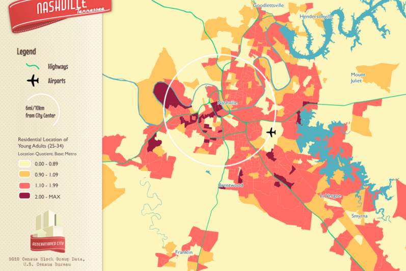 Residential location of young adults in Nashville.