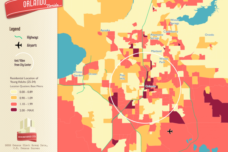 Residential location of young adults in Orlando.