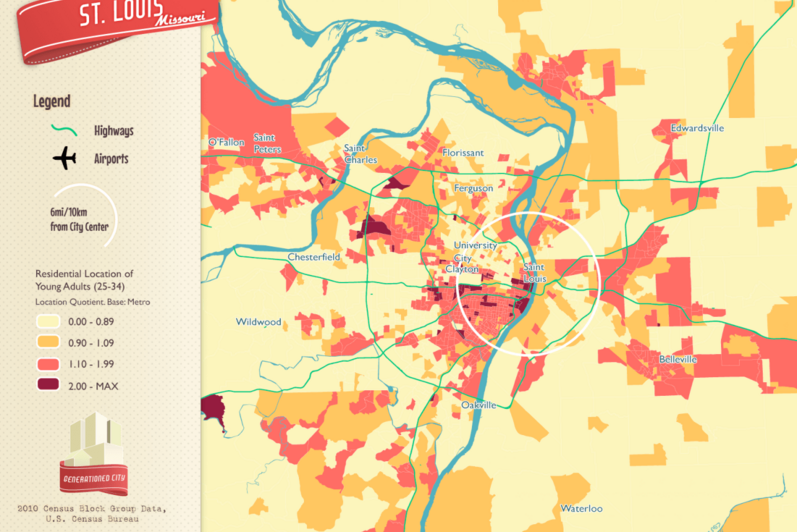 Residential location of young adults in St. Louis.