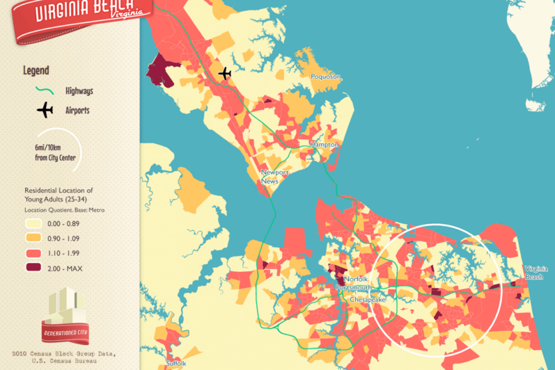 Residential location of young adults in Virginia Beach.