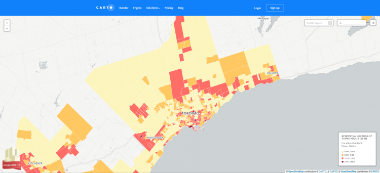 Screenshot of Residential Location of Young Adults in Canada on CARTO.
