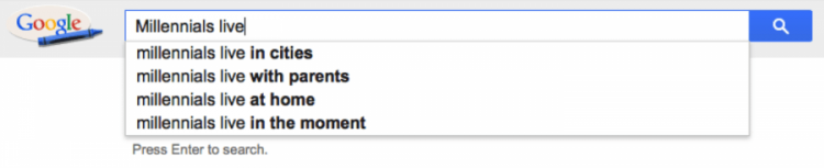 Google autocompletes Millennials live with in cities, with parents, at home, and in the moment.