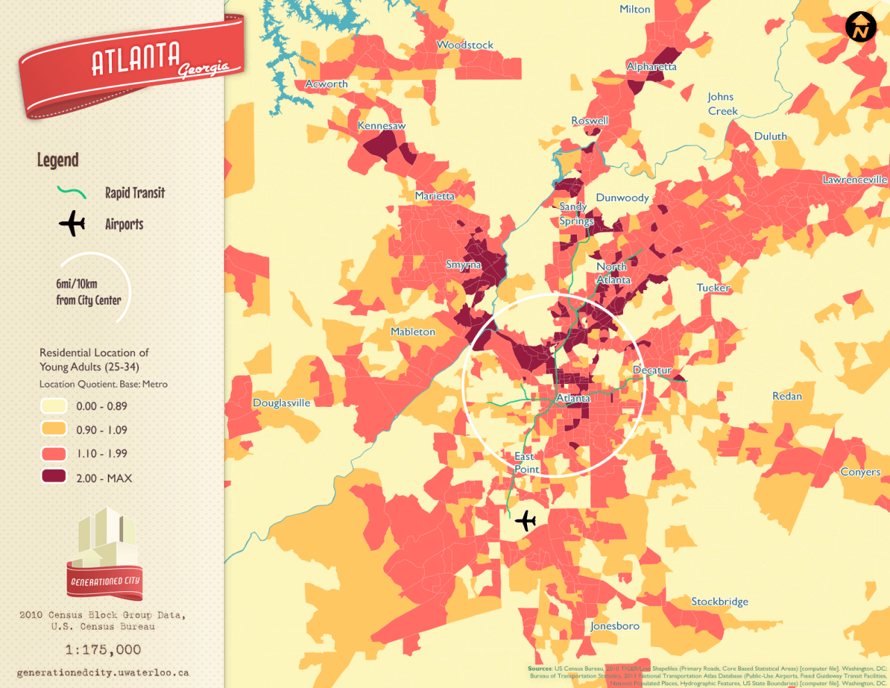 Residential location of young adults in Atlanta.