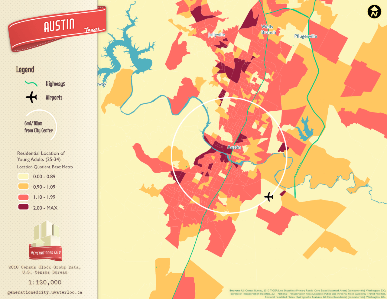 Residential location of young adults in Austin.