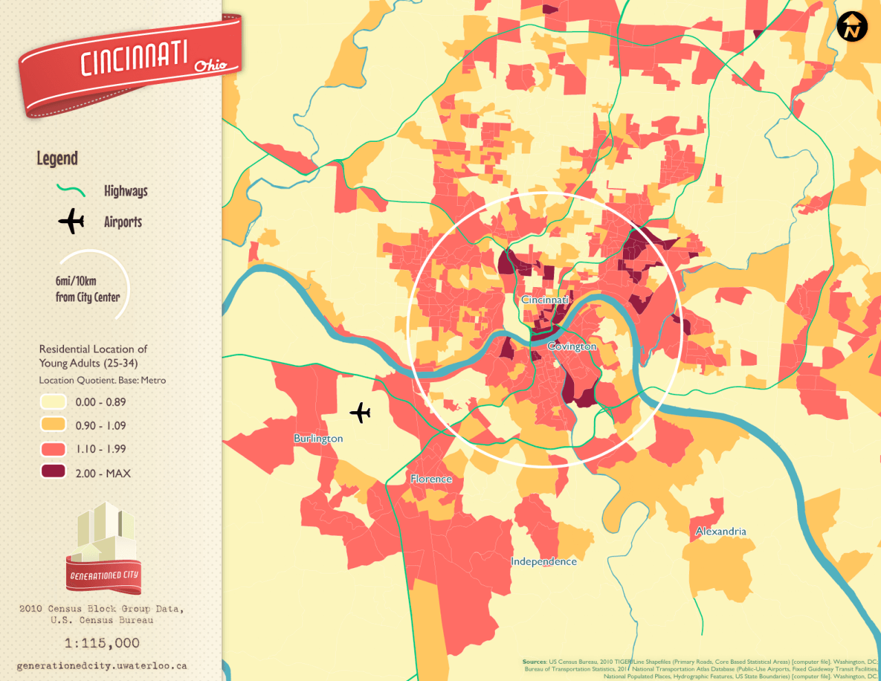 Residential location of young adults in Cincinnati.