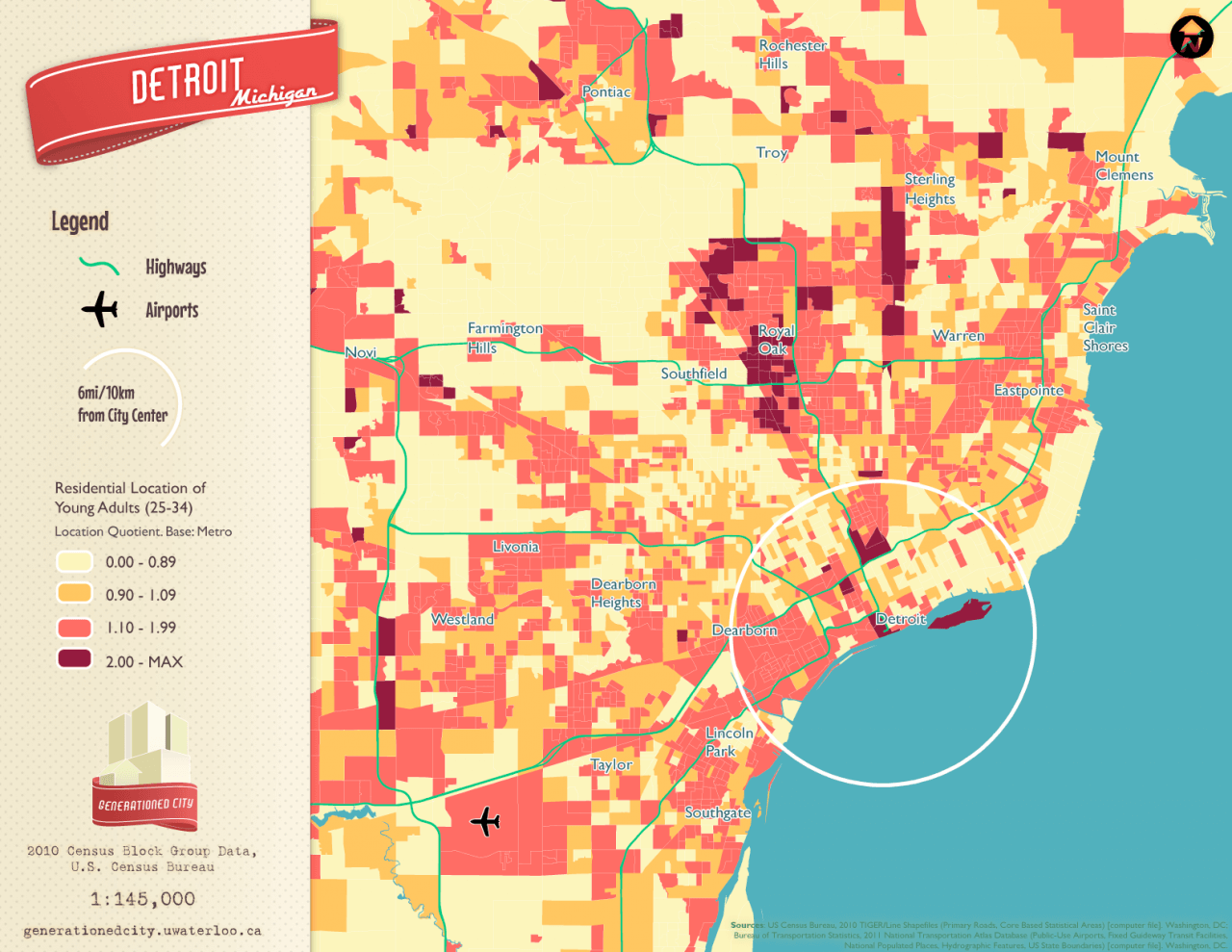 Residential location of young adults in Detroit.