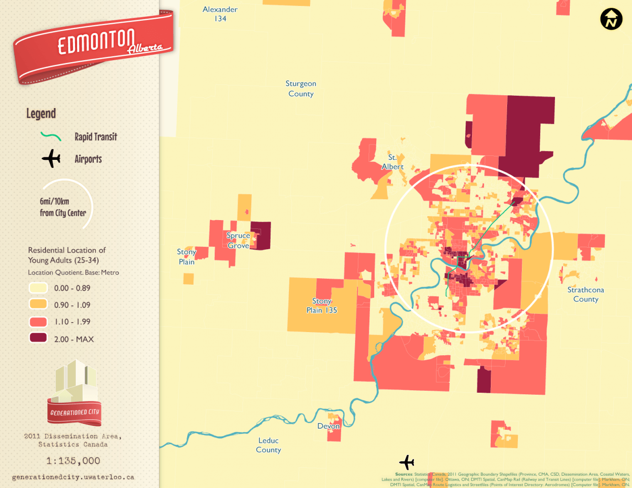 Residential location of young adults in Edmonton.