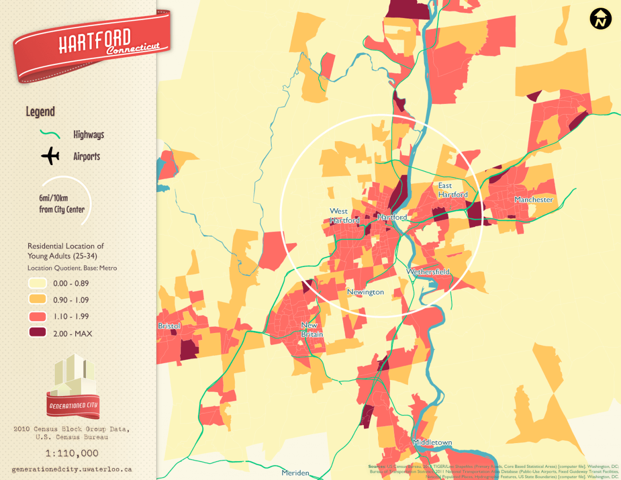Residential location of young adults in Hartford.