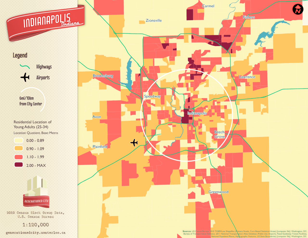 Residential location of young adults in Indianapolis.