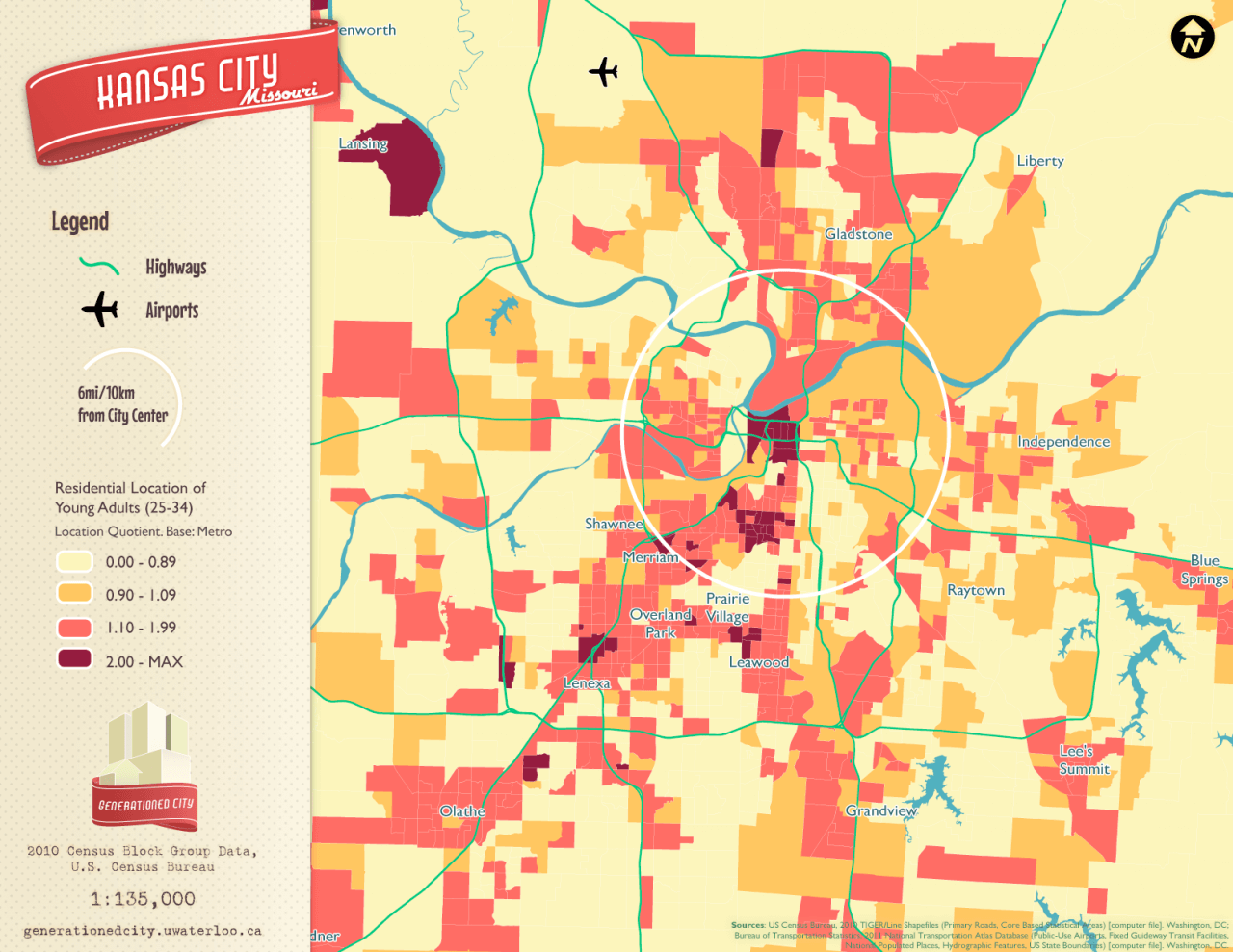 Residential location of young adults in Kansas City.