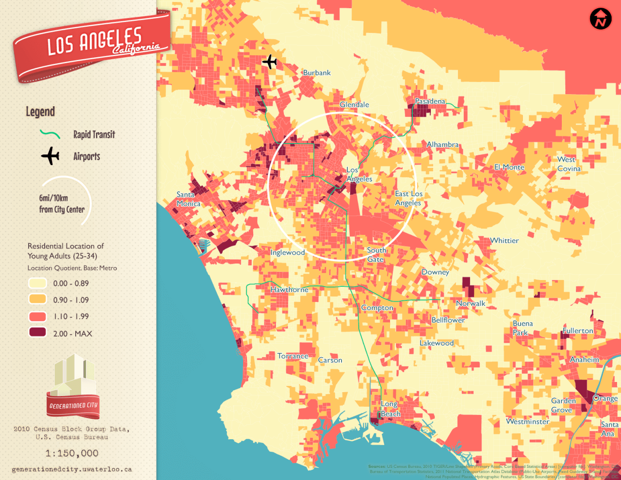 Residential location of young adults in Los Angeles.