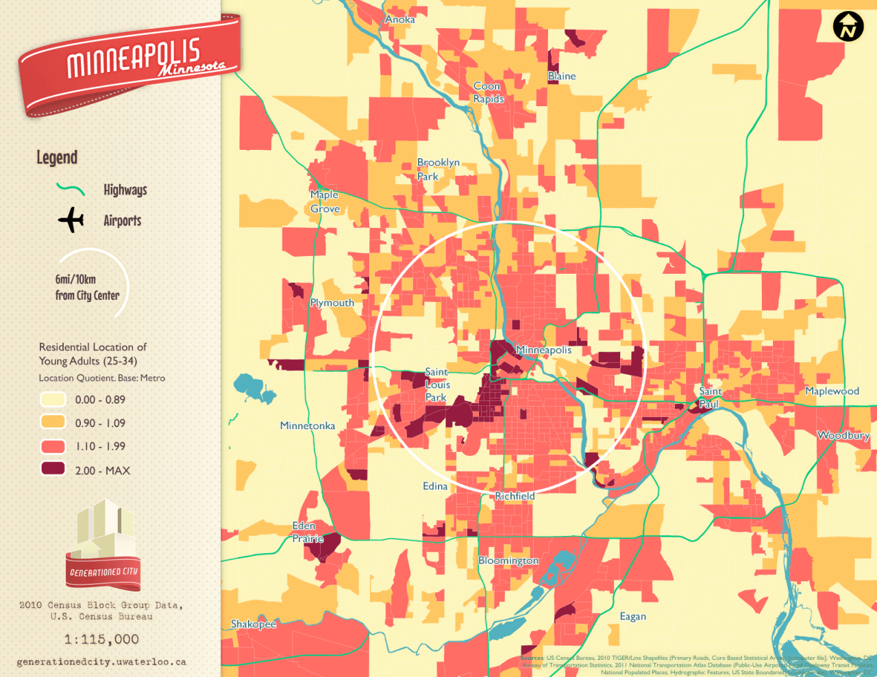 Residential location of young adults in Minneapolis.