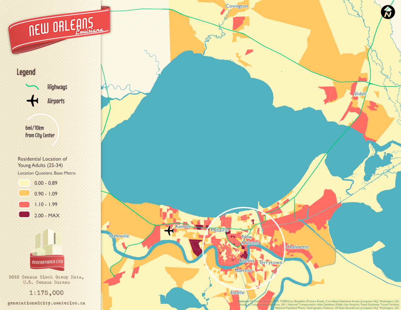 Residential location of young adults in New Orleans.
