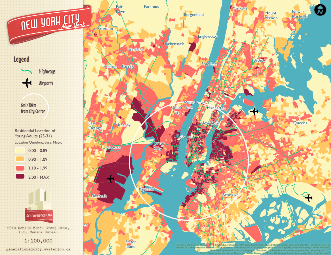 Residential location of young adults in New York.