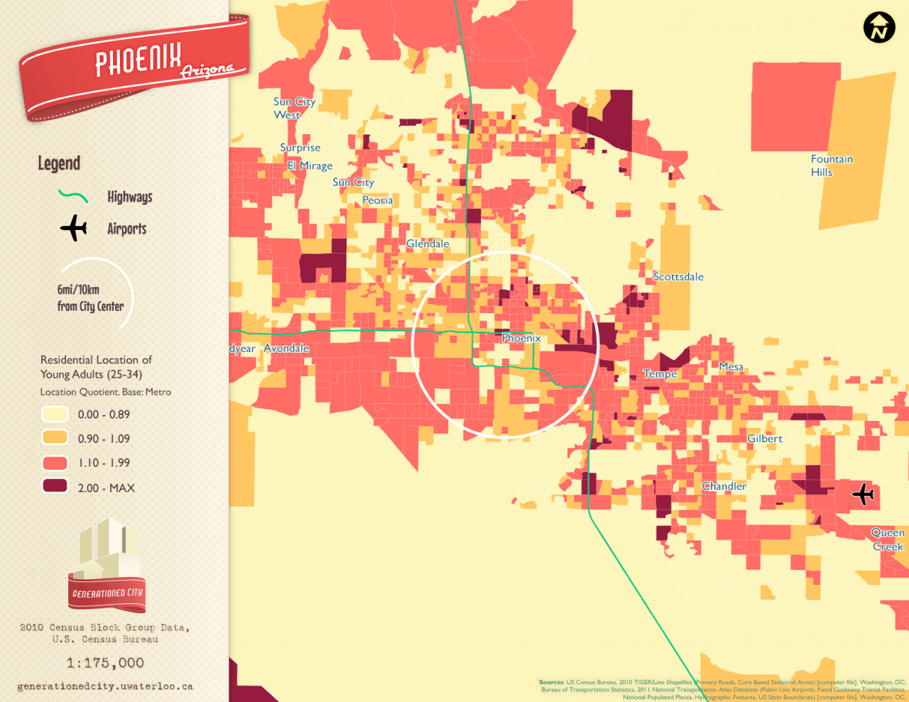 Residential location of young adults in Phoenix.