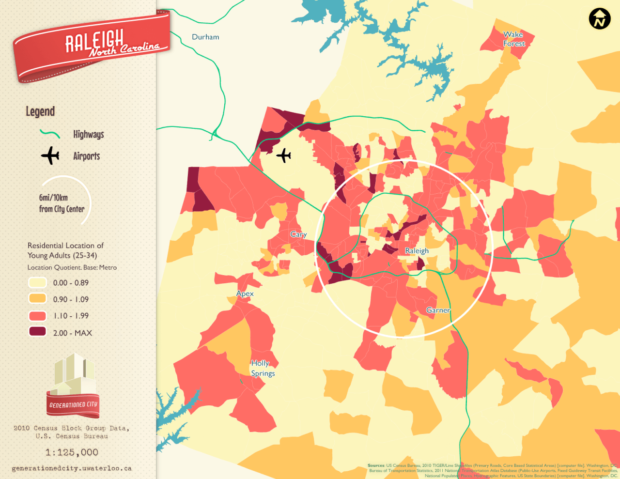 Residential location of young adults in Raleigh.