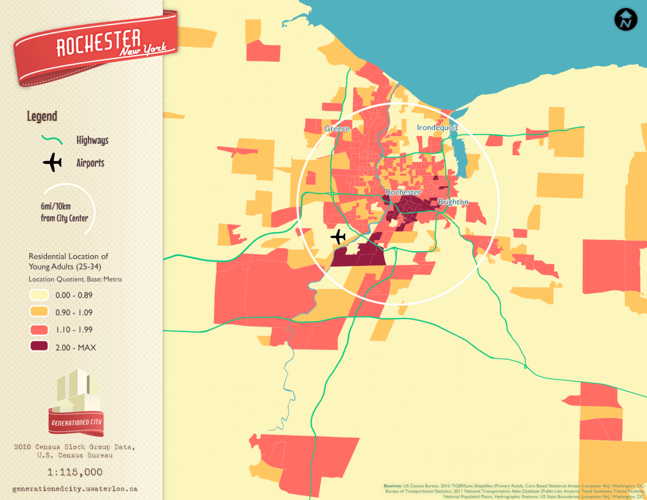 Residential location of young adults in Rochester.