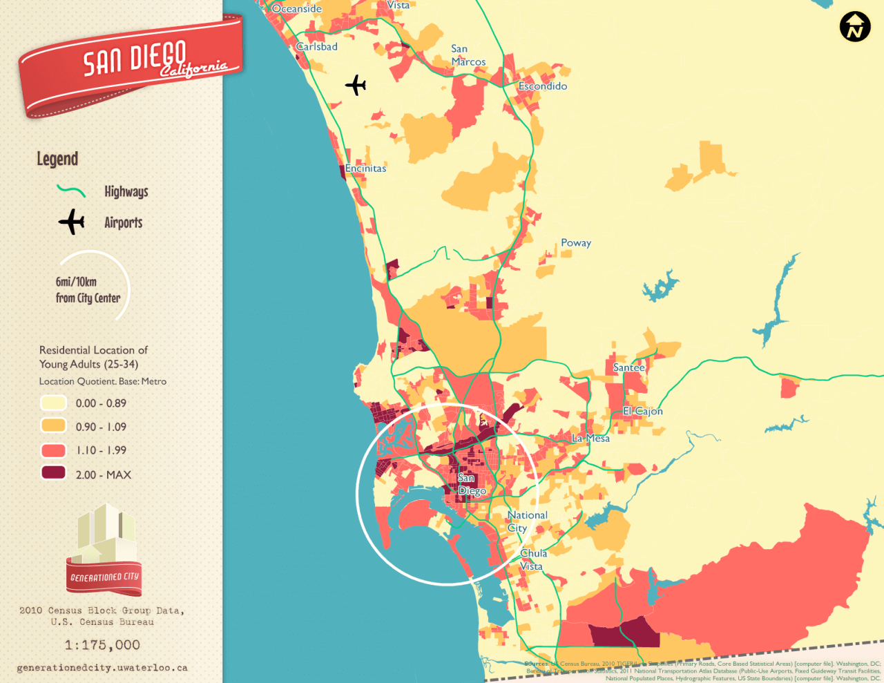 Residential location of young adults in San Diego.