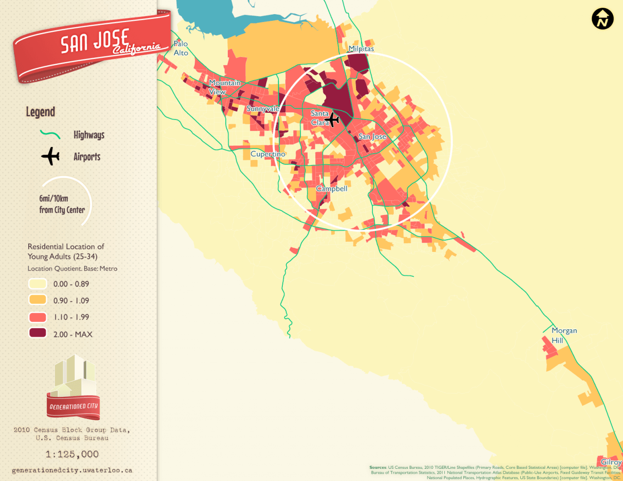 Residential location of young adults in San Jose.