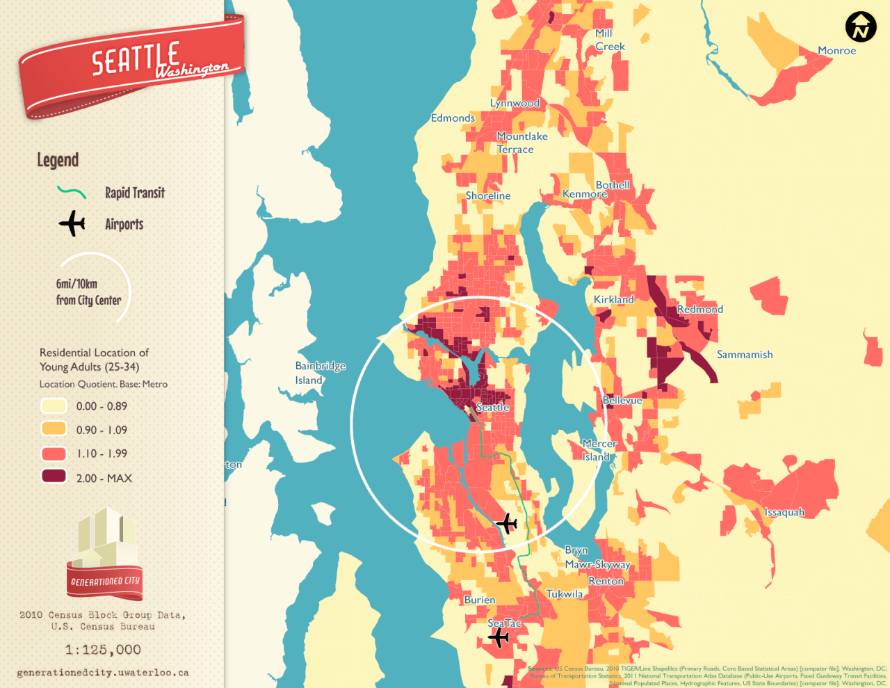 Residential location of young adults in Seattle.