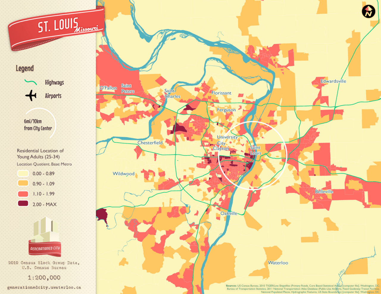 Residential location of young adults in St. Louis.