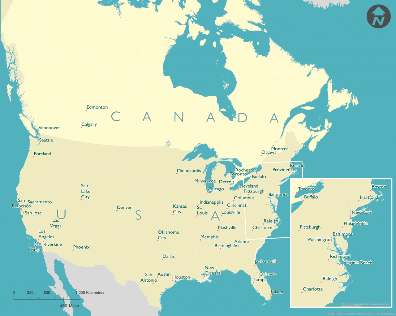 Map showing North American cities in metropolitan with population of over 1 million.