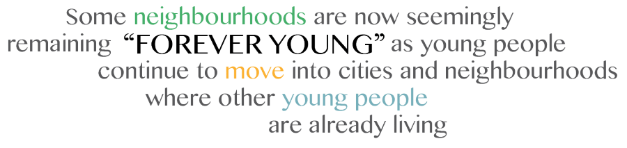 Some neighbourhoods are now seemingly remaining forever young as young people continue to move into cities and neighbourhoods where other young people are already living.