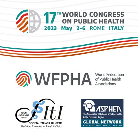 Poster for the WCPH 2023. The top of the poster gives the location (Rome, Italy) and dates (May 2-6 2023). The bottom half of the page are the logos of three organisations.